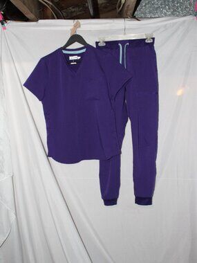 Fabletics Purple Vital 1-Pocket Scrub Top and Matching Joggers
